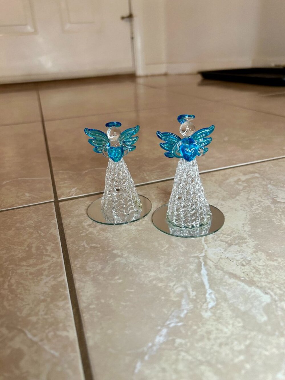 Blown Glass Angels with Blue Heart (set of 2) on Mirror Base
